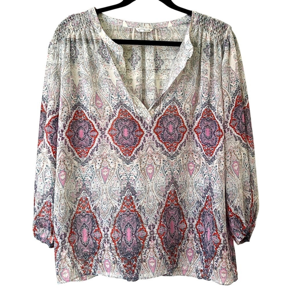 Club Monaco 100% Silk Peasant Blouse Women's S Paisley Print Boho